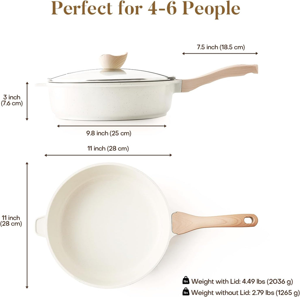 Nonstick Ceramic Deep Frying Pan, 11 Inch Non Toxic Skillet with Lid, Healthy Jumbo Cooker, Saute Pan for Cooking, Induction Cookware, PFOA & PFAS Free (Cream)