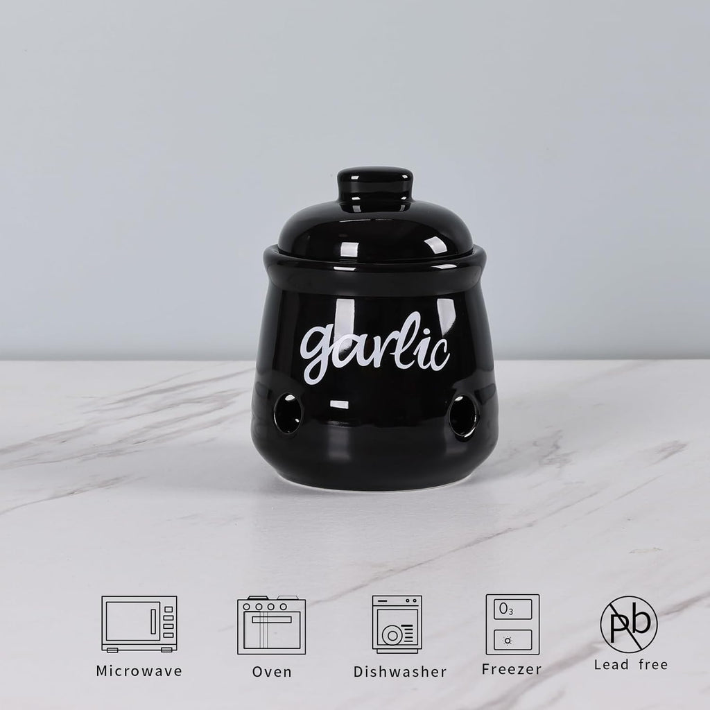 HAOTOP Garlic Keeper with Lid, Ceramic Mini Garlic Saver Container for Countertop, Farmhouse Kitchen Decor (Black)
