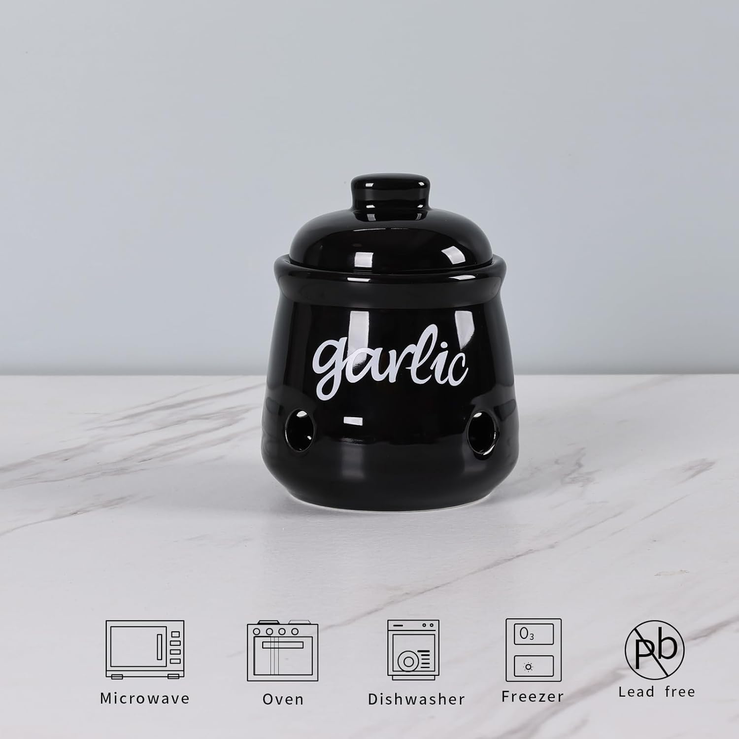 HAOTOP Garlic Keeper with Lid, Ceramic Mini Garlic Saver Container for Countertop, Farmhouse Kitchen Decor (Black)