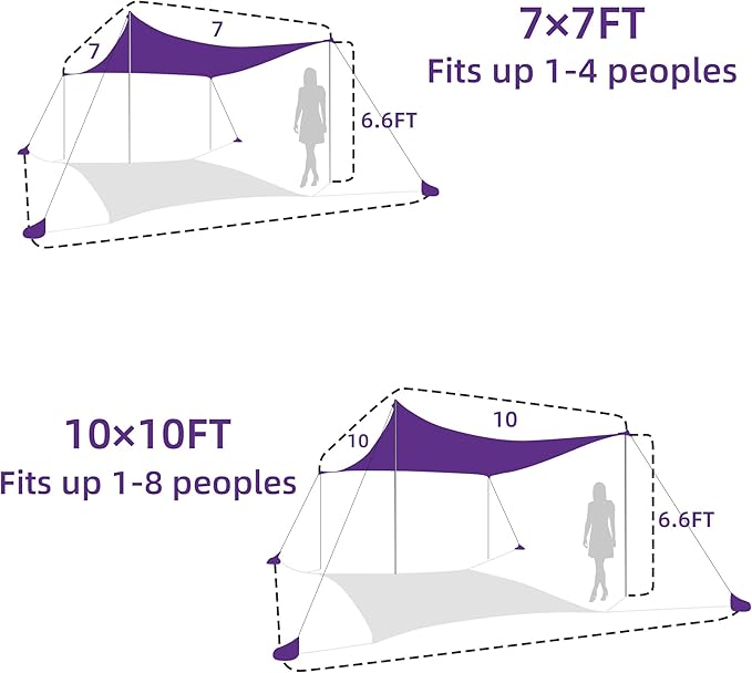 UMARDOO Family Beach Tent Canopy Sun Shade Portable 7×7FT, Large Wind Resistance Beach Sun Shelter Easy Setup with Packable Carry Bag for Outdoor Travel UPF 50+(Purple)