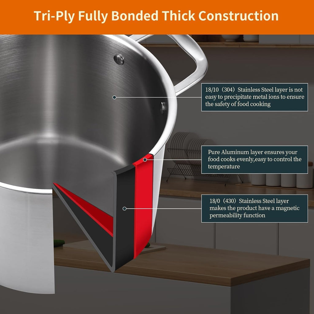 DELARLO Tri-ply Stainless Steel 20QT Stock Pot, Compatible with All Stoves Up to 600℉, 18/10 Induction Big Cooking Pot with Lid, Fast & Even Heating, Durable Large Soup Pot