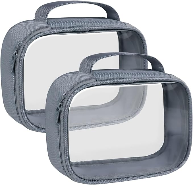 Moyad TSA Approved Clear Toiletry Bag with Handle, 2 Pack Quart Size 3-1-1 Liquids Pouch for Travel, Transparent Makeup & Cosmetic Organizer for Women Men, Grey