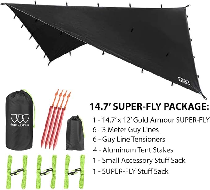 Gold Armour Rainfly Tarp Hammock, Premium 14.7ft/12ft/10ft/8ft Rain Fly Cover, Waterproof Ultralight Camping Shelter Canopy, Survival Equipment Gear Camping Tent Accessories (Black 14.7ft x 12ft)