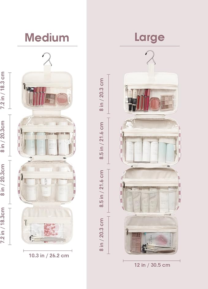 Narwey Travel Toiletry Bag for Women Large Hanging Makeup Bag Organizer Toiletries Bag for Full Size Essentials Accessories Cosmetics (Dusty Rose Checkerboard (Large))