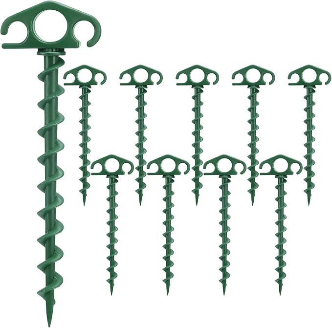 Tent Stakes Sand Stakes for Beach Tent 10 Pack Spiral Anchor Stakes 9.4 Inch Heavy Duty Screw Canopy Stakes for Camping, Hiking and More (10, Green)