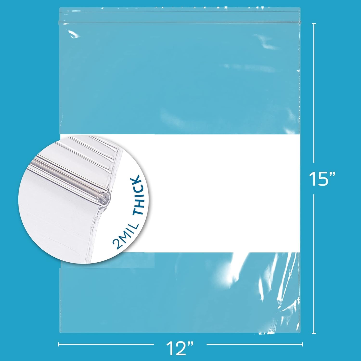 12" x 15" Large Zip Bags, 2 Mil Thick Clear Plastic Reclosable Zipper Lock Bags with Write-on White Block, with Resealable Zip Top Lock for Food Storage & Office Supplies, 500 Count