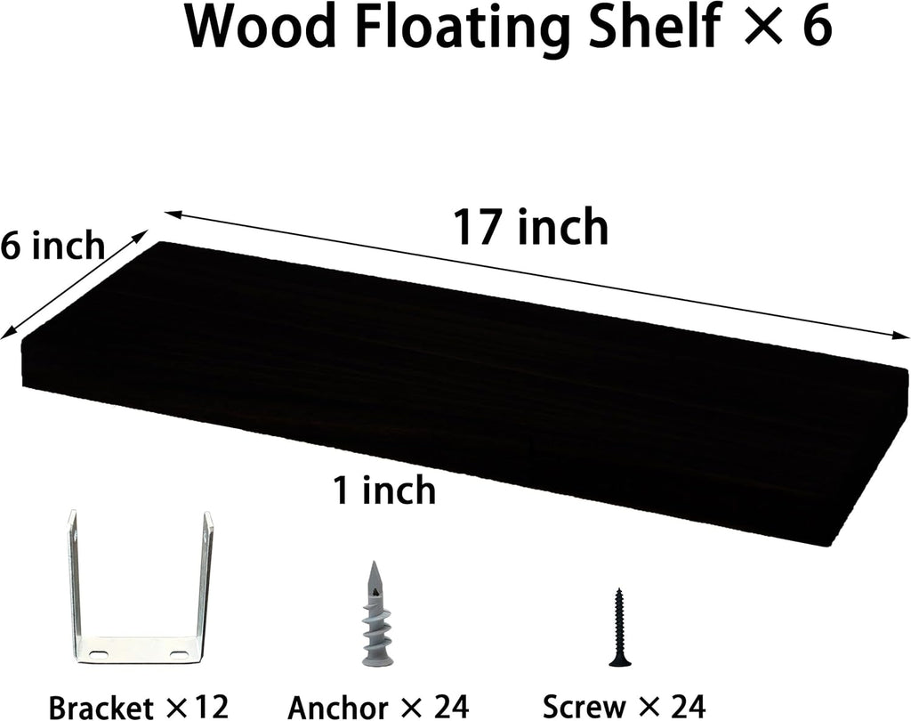 Wood Floating Shelves for Wall, Wooden Wall Shelves for Bedroom, Wall Mounted Shelves for Living Room, Set of 6 Black