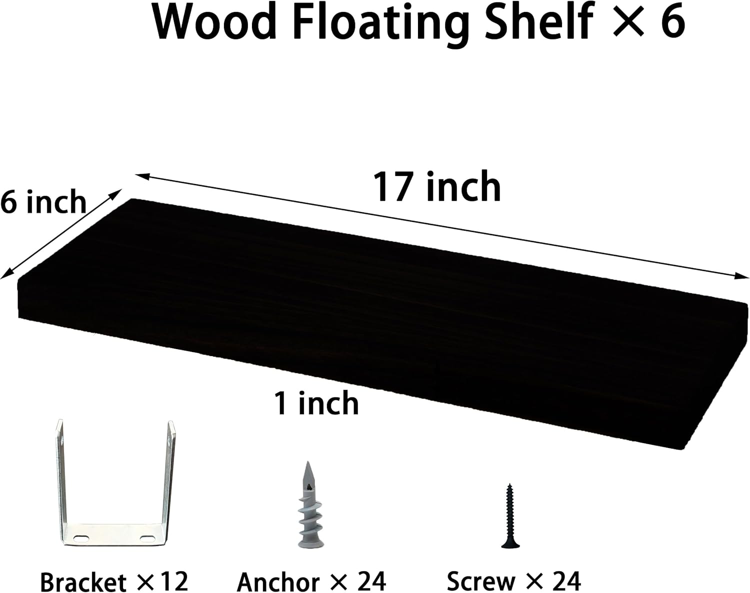 Wood Floating Shelves for Wall, Wooden Wall Shelves for Bedroom, Wall Mounted Shelves for Living Room, Set of 6 Black