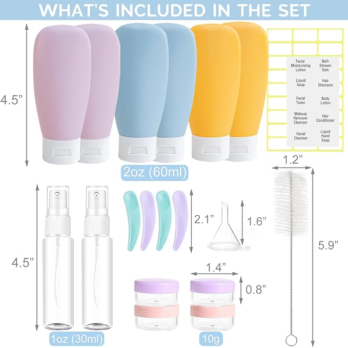 20 Pack Travel Bottles Set for Toiletries TSA Approved, Leak Proof Travel Size Containers Kit Portable Refillable Travel Accessories for Shampoo Conditioner Lotion Liquids (Multi-color)