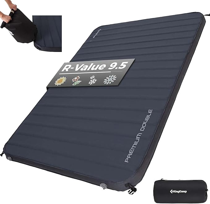 KingCamp Double Sleeping Pad, 2 Person Queen R 7.1/7.9 Self Inflating Sleeping Pad, 3" Ultra Thick Full Size Foam Mattress Mat for Outdoor Camping Tent Car, PVC Free (Grey)