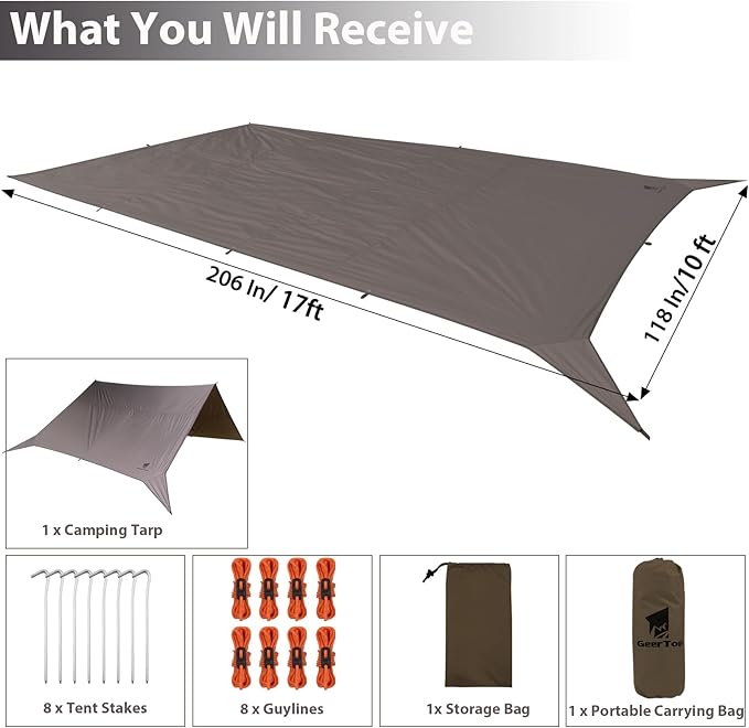 GEERTOP 17 x 10 ft Camping Tarp Lightweight Large Waterproof Hammock Rain Fly Shelter Backpacking Tent Tarp for Outdoor Hiking Bushcraft Survival Travel