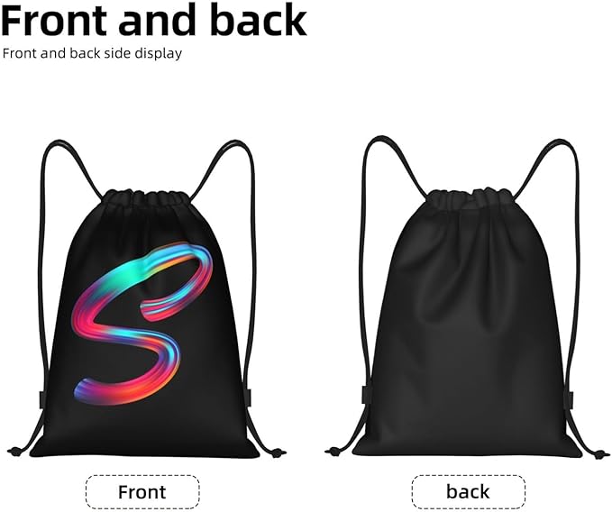 Drawstring Bags Initial Drawstring Backpack Sackpack Black Draw String Cinch Bags for Sports, Gym, Travel, Swimming, Beach, Camping, Rainbow Letter S