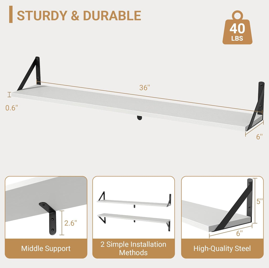 Heimlove Floating Shelves for Wall, 36 Inch Long Wood Floating Bookshelf Set of 3, Wall Mounted Hanging Shelf for Bathroom Bedroom Kitchen, White