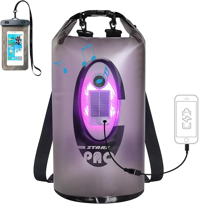Dry Bag Waterproof with Solar Bluetooth Speaker & Light - 10L/20L Roll Top Dry Sack Keeps Gear Dry for Men Women Kayaking, Beach, Rafting, Boating, Hiking, Camping and Fishing
