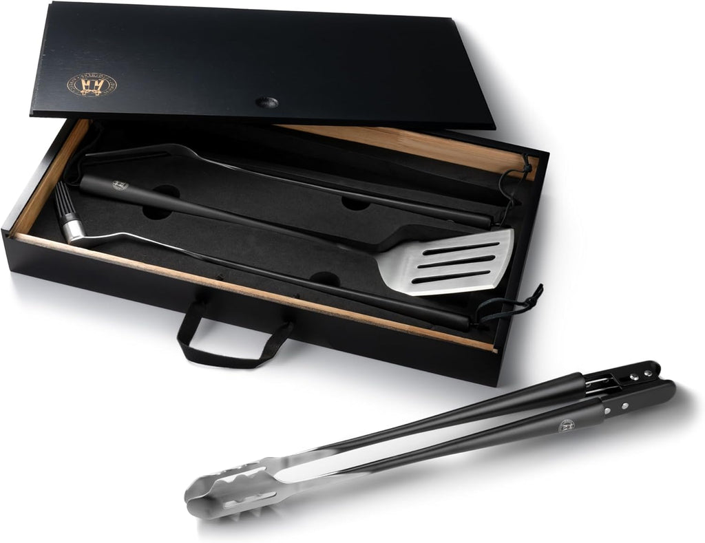 Schmidt Brothers - BBQ Carbon 6, 4-Piece Grilling Accessory Set, Full-Forged Stainless Steel Grilling Utensils Including Spatula, Fork, Basting Brush, and Tongs with All Wood Handles