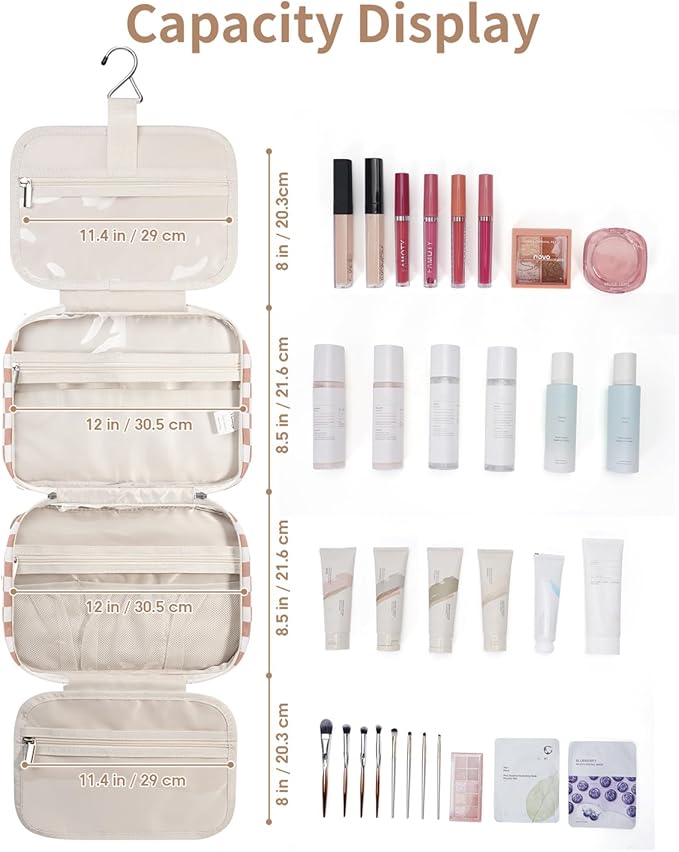 Travel Toiletry Bag for Women Large Hanging Makeup Bag Organizer Toiletries Bag for Full Size Essentials Accessories Cosmetics (Light Checkerboard (Large))