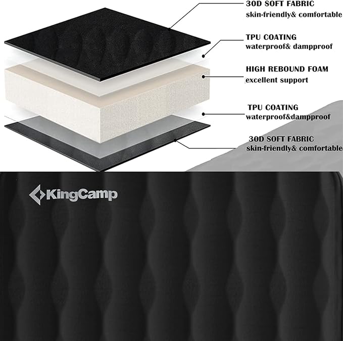 KingCamp Self Inflating Sleeping Pad Double Camping Foam Mattress 3" Thick 11 R Value Luxury 3D Sides Air Camping Pad Queen, 79"x50.4",Black