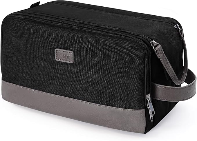 WANDF Toiletry Bag for Men Travel Toiletry Organizer Canvas and Leather Dopp Kit Water-Resistant Shaving Bag for Travel Accessories (Black, Patent Pending)