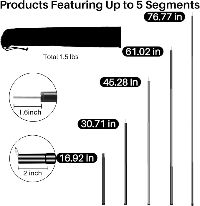 Neween Tent Poles for Tarp Adjustable Camping Tarp Poles Set of 2, 76in Lightweight Collapsible Tent Pole with a Diameter of 0.6in for Backpacking Hiking Awning Canopy Rain Fly Shelter (Black)