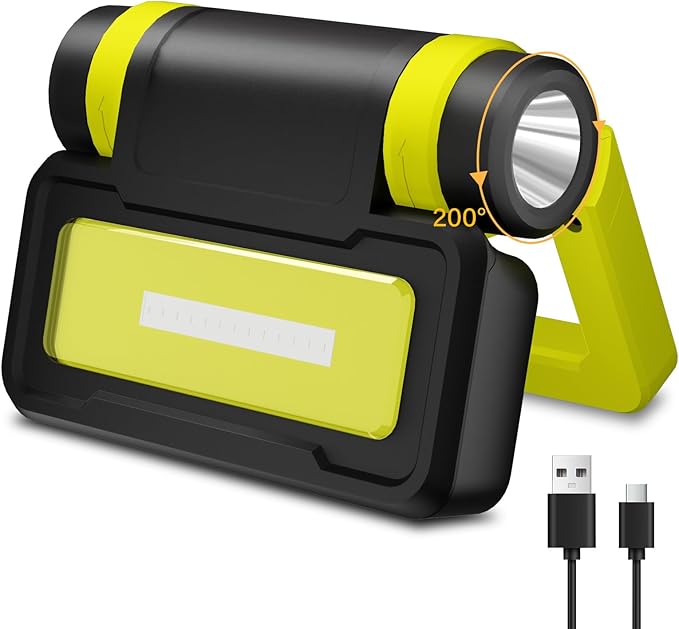 LED Work Light, Flashlight with COB Camping Lantern, 1000LM Magnetic Flashlight, 200°Foldable, 5+3 Modes, Rechargeable Waterproof Handheld Flashlights for Camping, Home, Car Repair, Emergency, Fishing