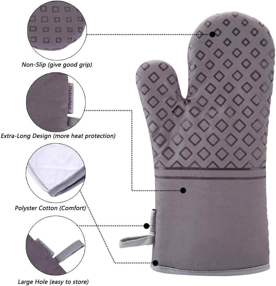 Set of 4 Oven Mitts and Pot Holders, 482 F Heat Resistant Hot Plate Moving Non-Slip Gloves for BBQ, Grill, Baking, Cooking, Oven, Microwave (Gray)