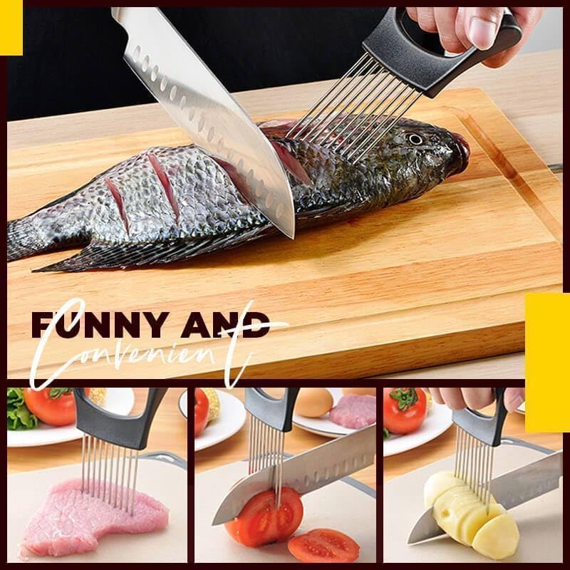 Onion Slice Holder, 2024 New Stainless Steel Holder for Slicing, Chopper Assistant Tool, Cutter for Meat, Onion, Potato, Tomato Kitchen Gadgets (Red, 1 Pack)