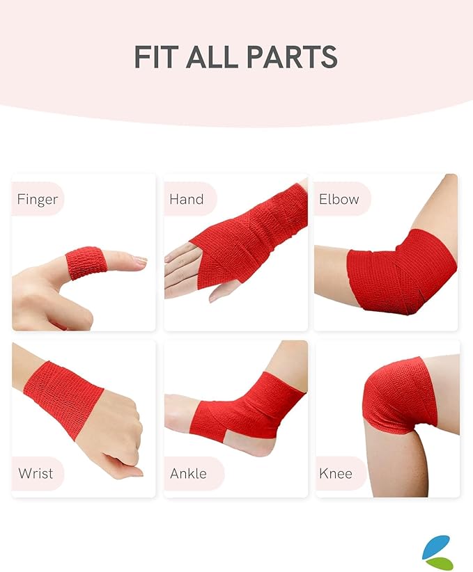 FriCARE Self Adhesive Bandage Wrap, Medical Tape in First Aid Kit, Cohesive Bandages for Wounds Sport Vet, FSA/HSA Eligible, 2 Inches X 5 Yards 6 Rolls, Red