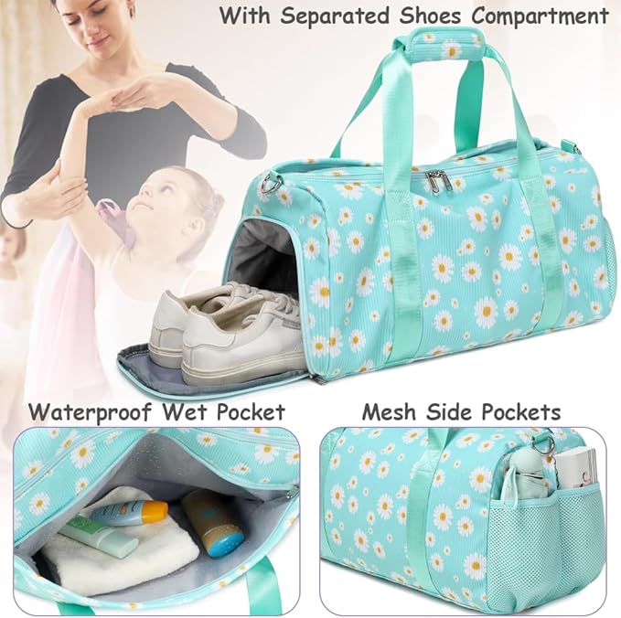 Dance Bag for Girls Gym Bag Sports Duffle Bag with Shoes Compartment Wet Pocket Weekender Overnight Bag for Girls Women Teens Corduroy Daisy Travel Duffle Bag