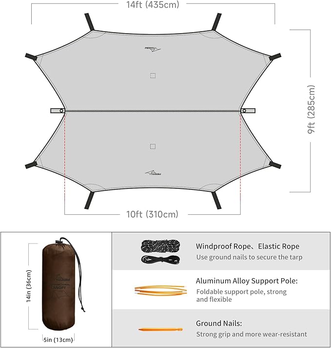 Ultralight Tarp, 14ft Hammock Rain Fly Lightweight Waterproof Camping Tent Tarp with Doors, Bushcraft Tarp Shelter for Backpacking Hiking Camping