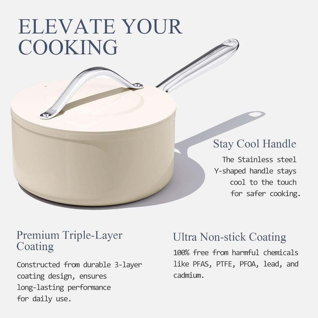 3.5qt Nonstick Ceramic Sauce Pan with Lid (8.19") Even Heat Distribution, Non Toxic & PFAS Free Healthy Cooking Pot for All Stovetops (Induction/Gas/Electric), Oven Safe 500°F, Cream