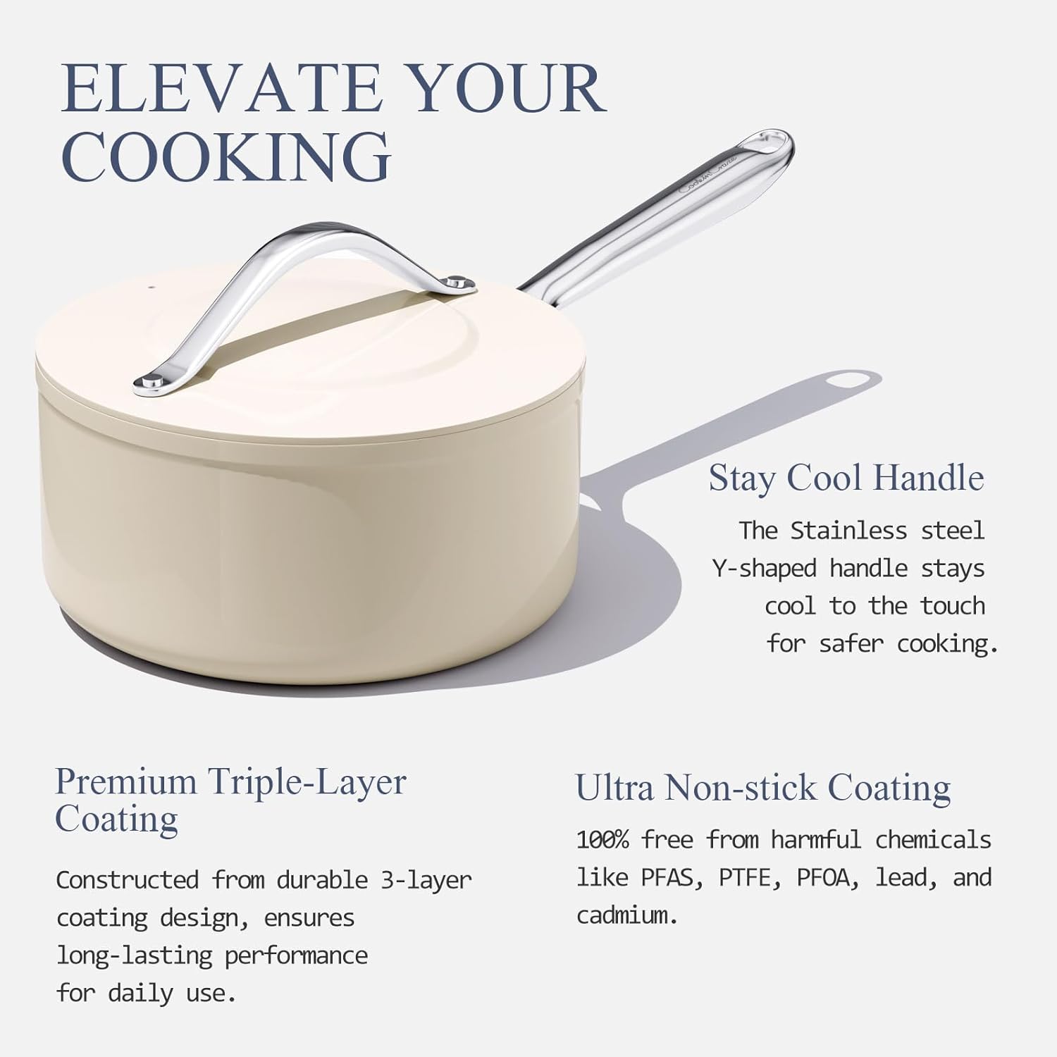 3.5qt Nonstick Ceramic Sauce Pan with Lid (8.19") Even Heat Distribution, Non Toxic & PFAS Free Healthy Cooking Pot for All Stovetops (Induction/Gas/Electric), Oven Safe 500°F, Cream