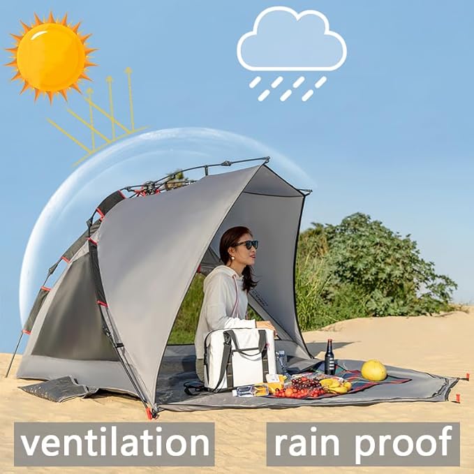 apollo walker Beach Tent Sun Shelter 3-4 Person Easy Setup Portable Sunshade Canopy Large,Extended Floor,Stakes,Sand Pockets,UPF 50+ Waterproof Windproof Outdoor Camping Fishing Picnic