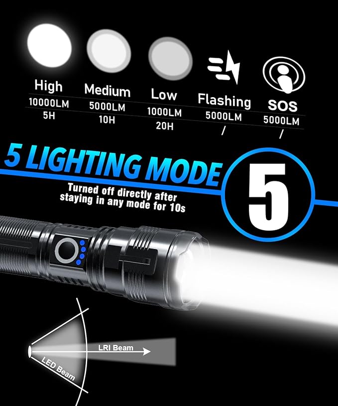 Flashlights High Lumens Rechargeable USB C Flash Light, Super Bright LED Flashlight with 10,000 Lumens, Long Beam 3280Ft, IPX5 Waterproof Tactical Flashlight Powerful for Emergency, Camping