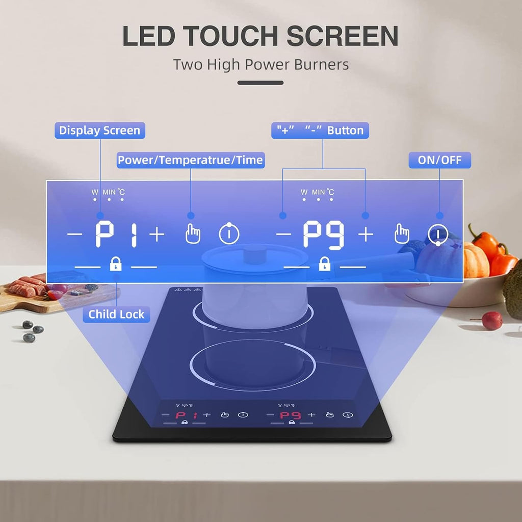 12“ Induction Cooktop, Double Induction Cooktop 2 Burner 110v-120v Electric Stove Top, Countertop and Built-in, 9 Power Levels, Child Lock, 120 Mins Timer