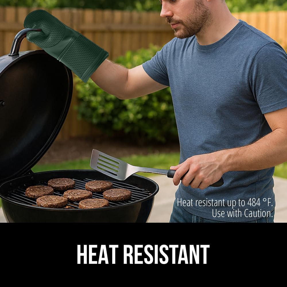 GORILLA GRIP BPA-Free Soft Silicone Oven Mitts, 14.5x8.3, Heat Resistant and Waterproof Cooking Gloves, Thick Cotton Lining, Flexible Gripping for Baking Grilling, Kitchen Potholders Set, Hunter Green
