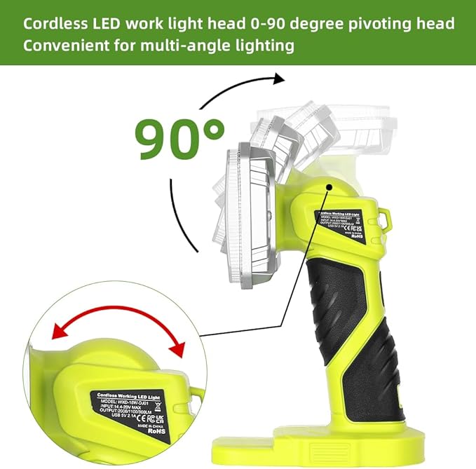 Working Light for RYOBI 18V Lithium-ion Battery, 2000LM 18W Flashlight with 3 Brightnesses, Aluminum Alloy Cordless LED Work Light for Camping, Emergency, Indoor, Outdoor...