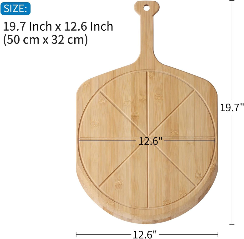 12.6” Bamboo Pizza Peel - Lightweight Smooth Wooden Pizza Paddle and Pizza Cutting Board with 8 Slice Grooves, Outdoor Pizza Oven Accessories, 19.7 Inch x 12.6 Inch