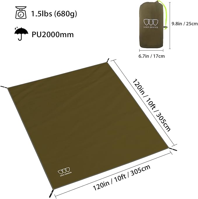 Gold Armour Tent Footprint, Camping Tarp Waterproof Ultralight - 84x60in | 84x84in | 84x96in | 82x106in | 120x108in | 120x120in | 120x144in Floor and Ground Tarps for Camping (OD Green 120x120in)