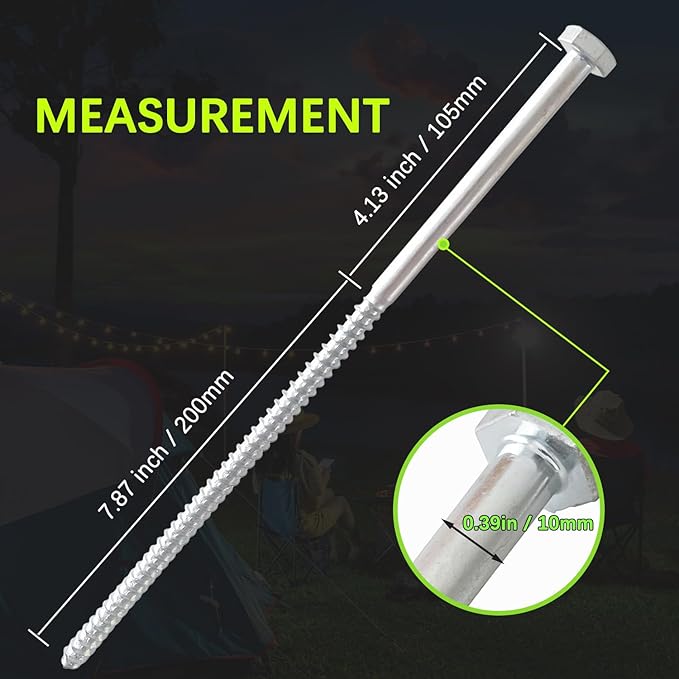 12pcs 3/8 x 12 inch Heavy Duty Camping Ground Anchors, Non-Rust Tent Stakes Screw in Kit for Securing Animals, Trampoline, Carports, Canopies, Sheds, Swing Sets, Ground Anchors for High Winds