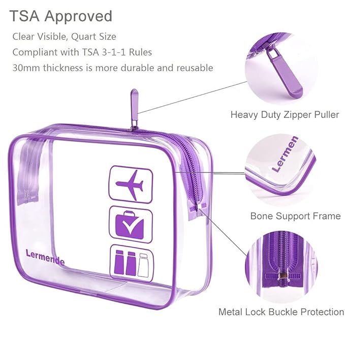Lermende 2pcs Clear Toiletry Bag TSA Approved Travel Bag,Carry On for Travel,Airport Airline Accessories Compliant Bag,Quart Sized Makeup Cosmetic bag Women Men (Purple, 3 Pack)