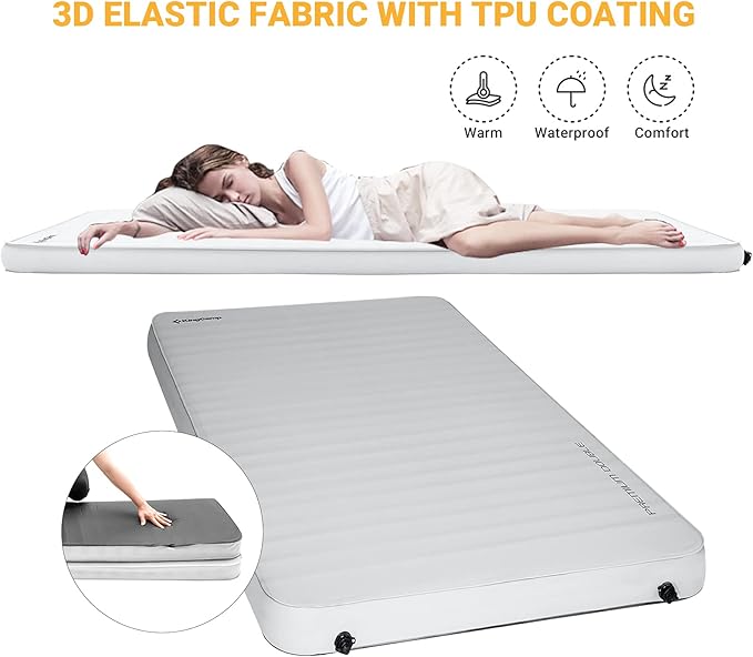 KingCamp Double Sleeping Pad, 2 Person Queen R 7.9 Self Inflating Sleeping Pad, 3" Ultra Thick Full Size Foam Mattress Mat with Pump Sack for Camping Outdoor Tent Car, PVC Free (Lightgrey/Charcoal)