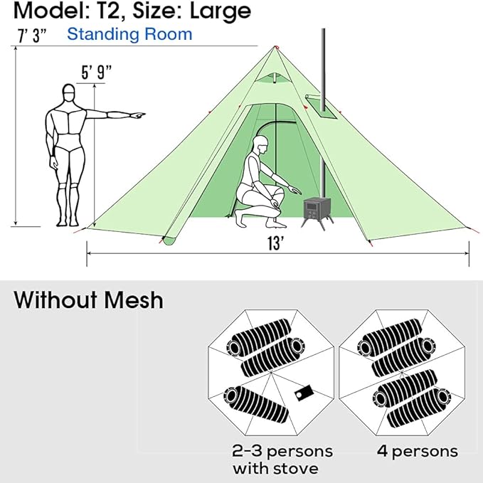 4 Persons 5lb Lightweight Tipi Hot Tents with Stove Jack, 7'3" Standing Room, Teepee Tent for Hunting Family Team Backpacking Camping Hiking