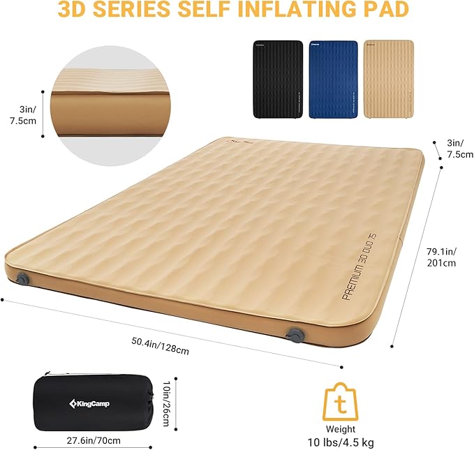 KingCamp Double Sleeping Pad, 2 Person Queen R 7.9 Self Inflating Sleeping Pad 3" Thick Full Size Foam Mattress Mat with 3D Sidewalls & Wave Surface Cut for Camping Tent Car, PVC Free (Khaki)