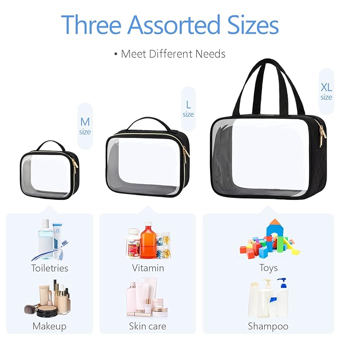 PACKISM Clear Toiletry Bags - 3 Pack Makeup Bags with Handle, Large Opening, Waterproof Cosmetic Bags Fit Carry-on Travel Essentials, Black