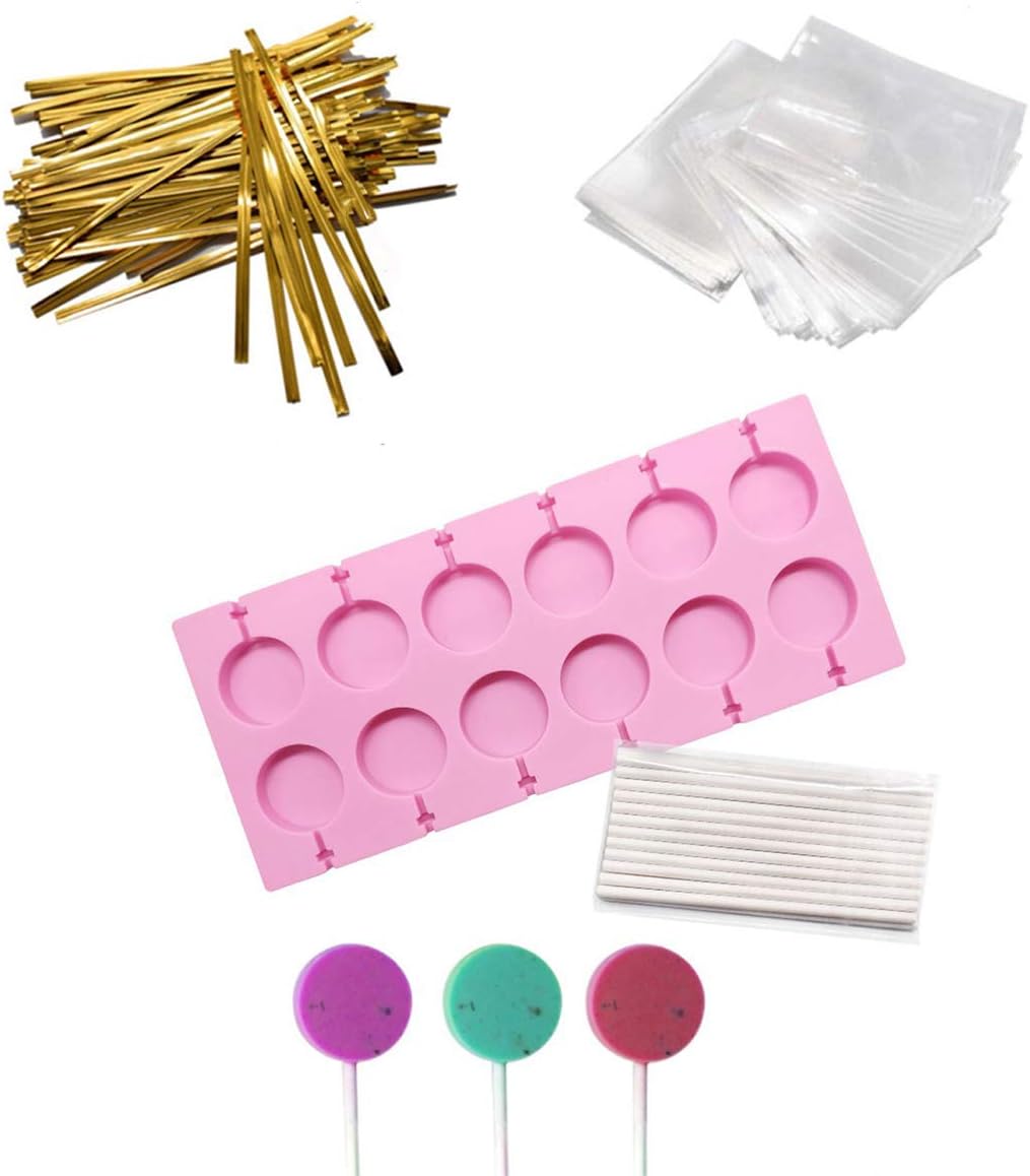 12 Capacity Silicone Lollipop Molds,Chocolate Hard Candy Mold with 50pcs 4 inch Lollypop sucker sticks,Candy Treat Bags,gold ties. (Round pink)