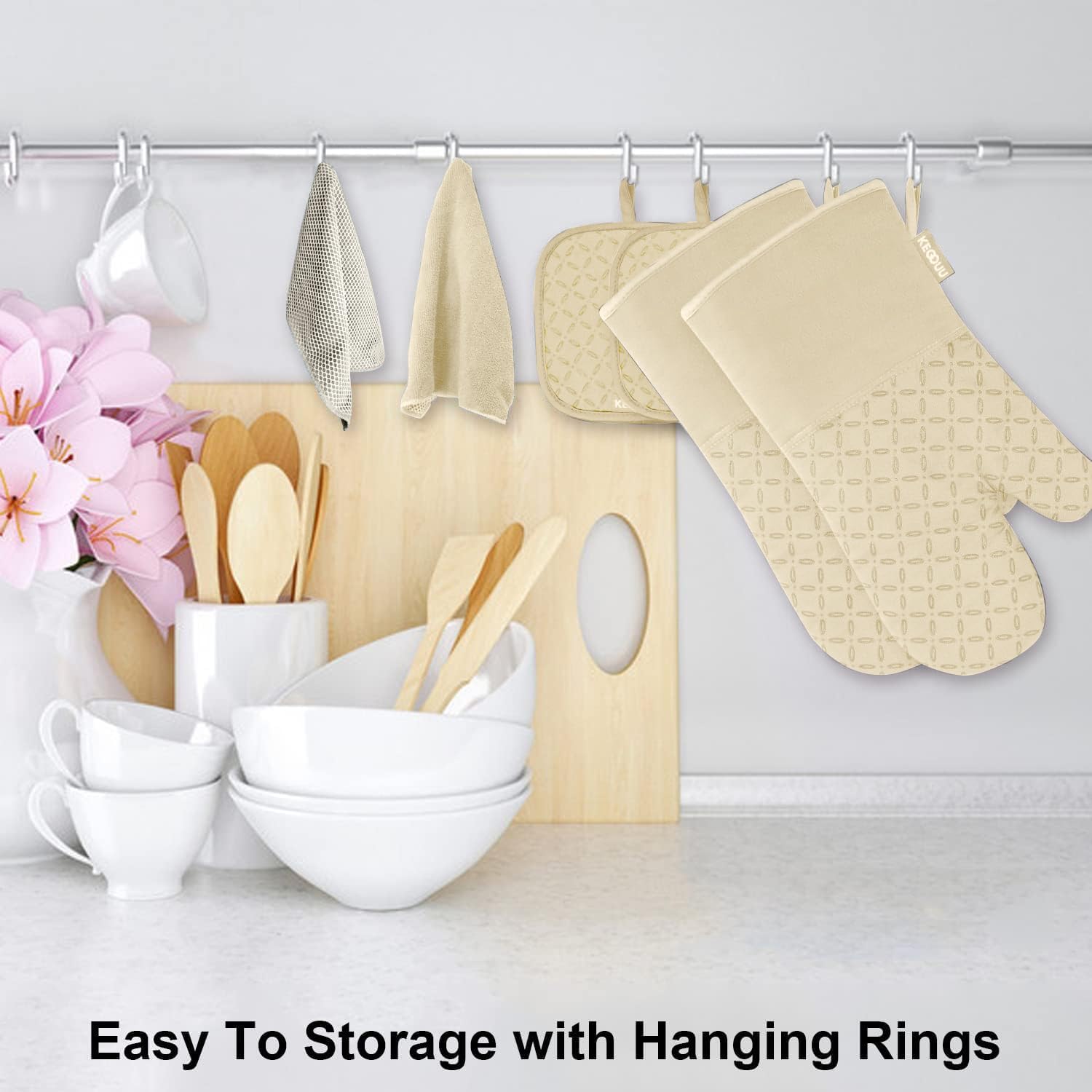 KEGOUU Oven Mitts and Pot Holders 6pcs Set, Kitchen Oven Glove High Heat Resistant 500 Degree Extra Long Oven Mitts and Potholder with Non-Slip Silicone Surface for Cooking (Beige)