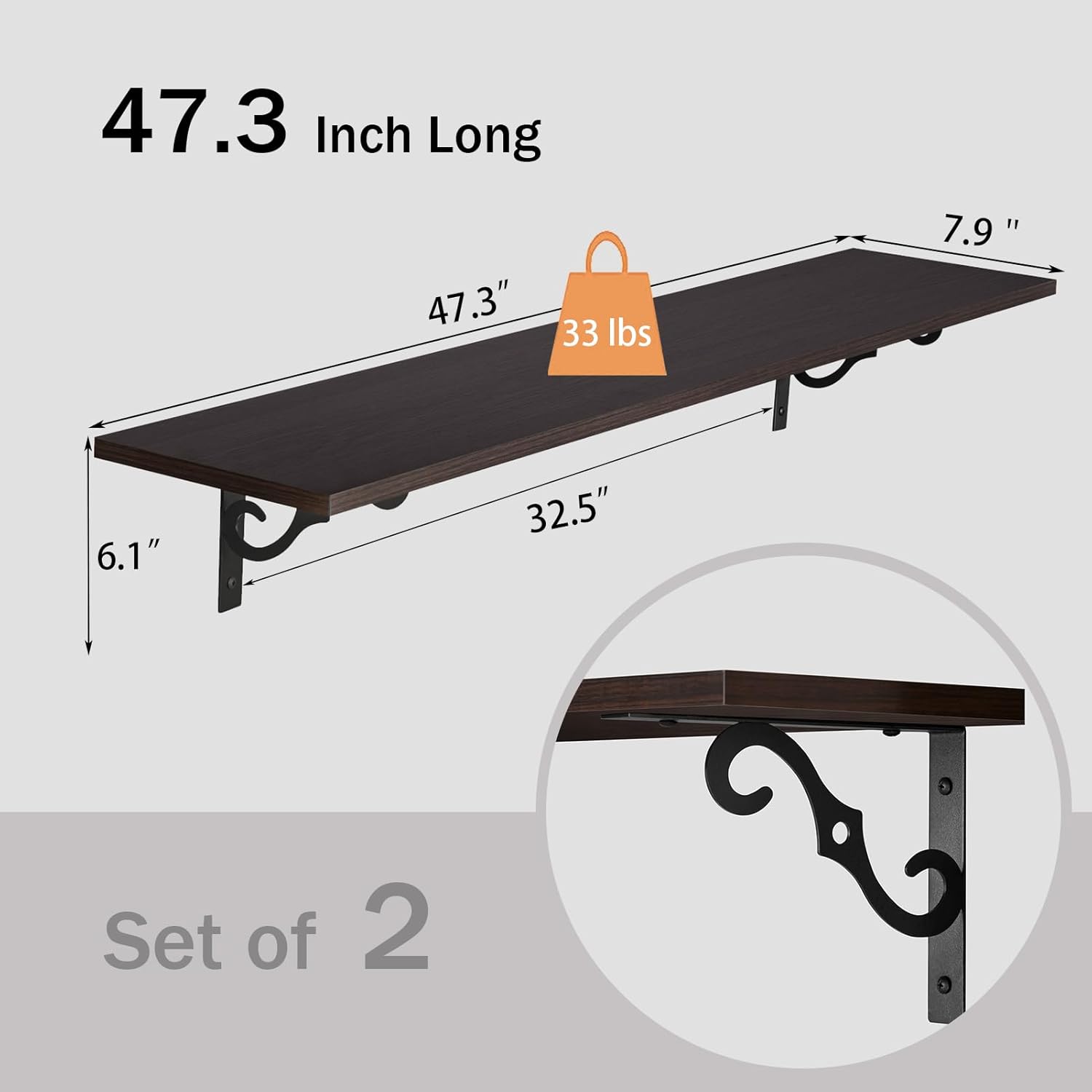 DINZI LVJ Long Wall Shelves, 47.3 Inch Large Floating Shelves Set of 2, Wide Display Shelf Wall Mounted with Brackets, Easy Hanging for Living Room, Toilet, Office, Bedroom, Espresso