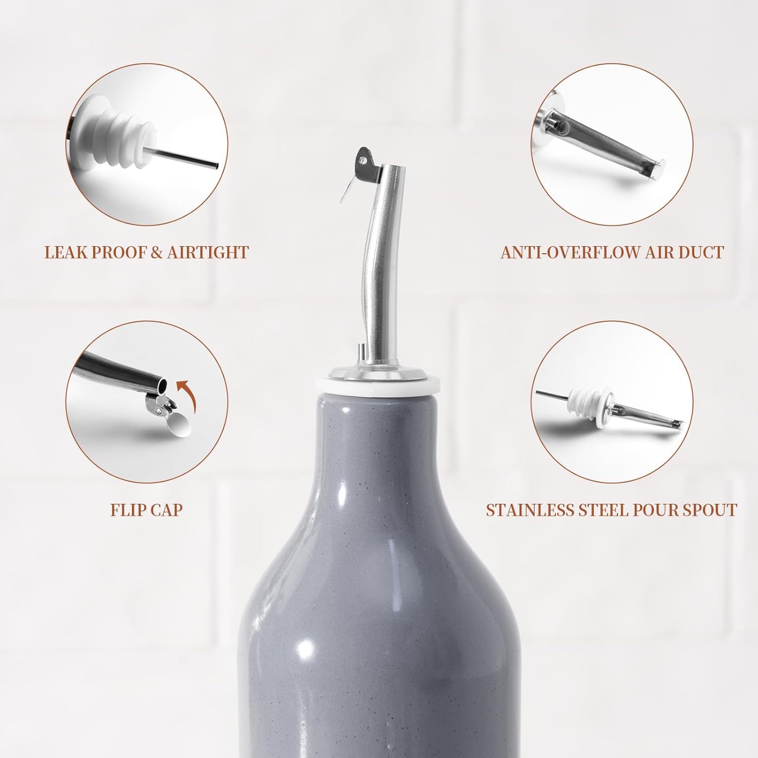 famiware Milkyway 16oz Ceramic Olive Oil Dispenser Bottle, Olive Oil and Vinegar Dispenser Bottle Set of 2 with Stainless Steel Pourers, Suitable for Storage Vinegar, Liquids, Dark Gray