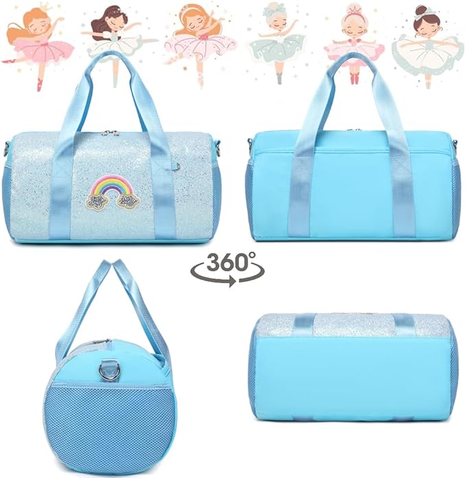 Dance Bag for Girls Rainbow Ballet Bag Shiny Glitter Ballerina Duffle Bag for Girls Crossbody Gym Duffle Bag with Waterproof Wet Pocket