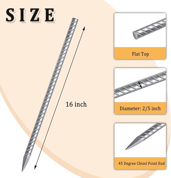 Rebar Stakes 12 Inch 10 Pack Tent Stakes Heavy Duty Metal J Hook, Fence Stakes for Trampoline, Fence, Camping Tent (17, I-16 x2/5")